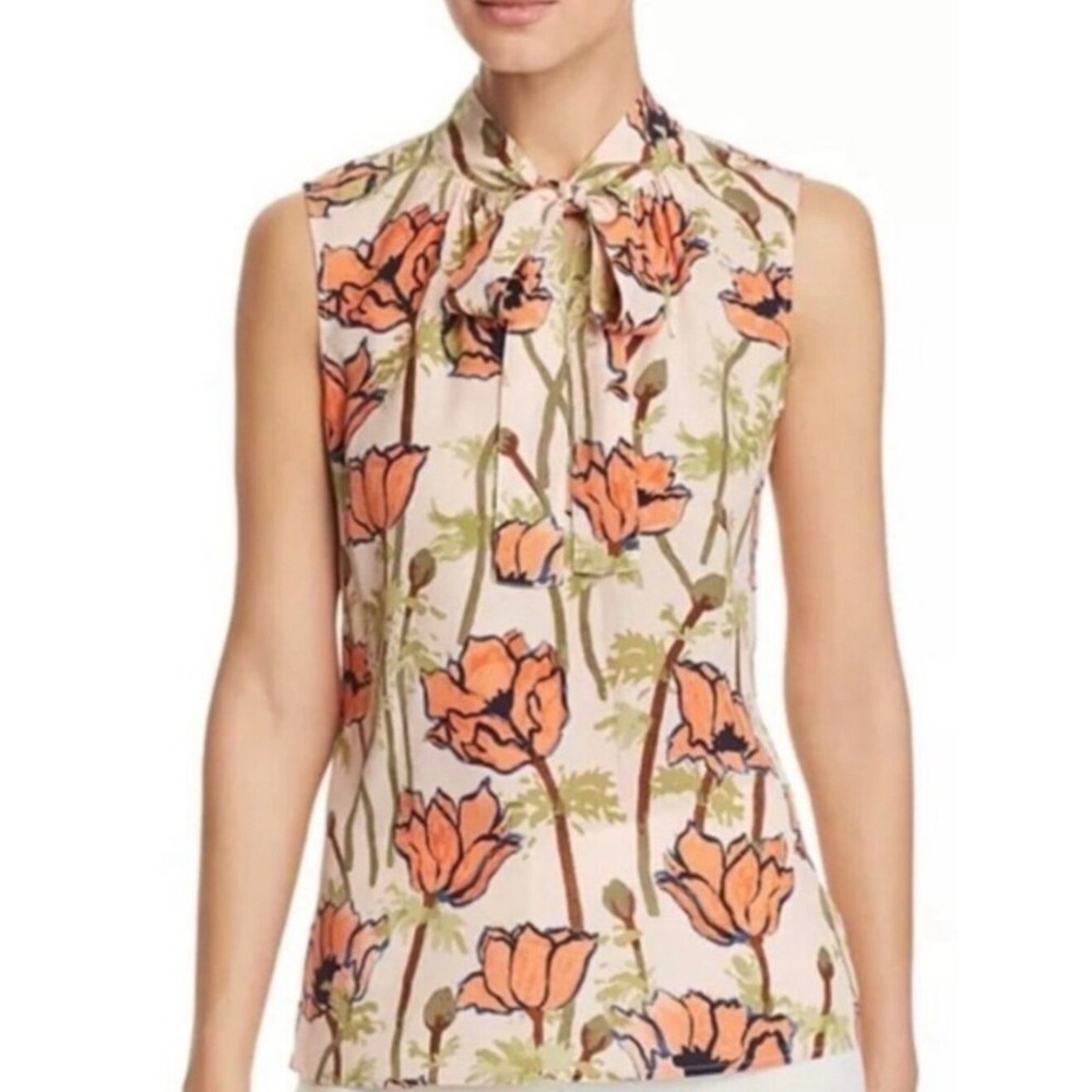 Tory Burch Sleeveless Silk Tie Neck Blouse Orange Poppy Floral Pink Top 14